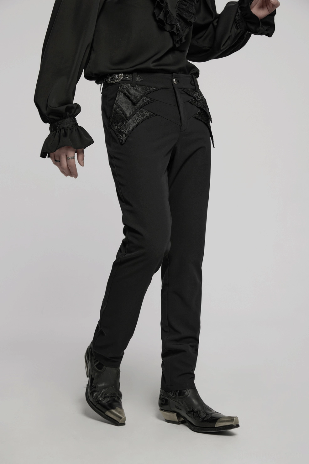 Black gothic lace trousers styling inspiration with alternative menswear, paired with sheer lace and leather accessories