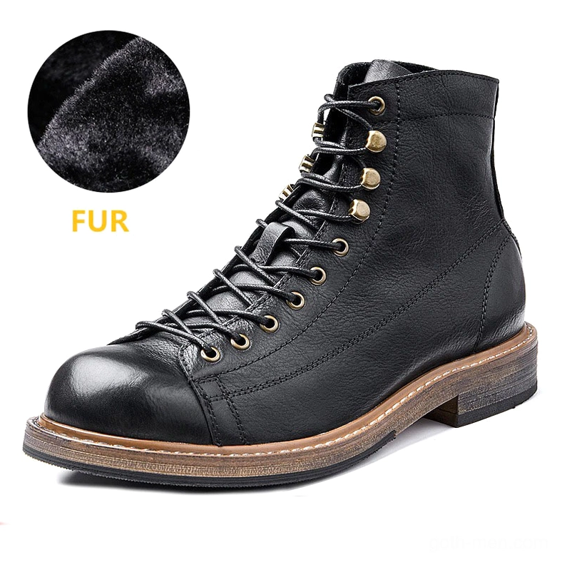 Black men's gothic lace-up ankle boots with visible fur lining interior, genuine leather upper, side angle detail