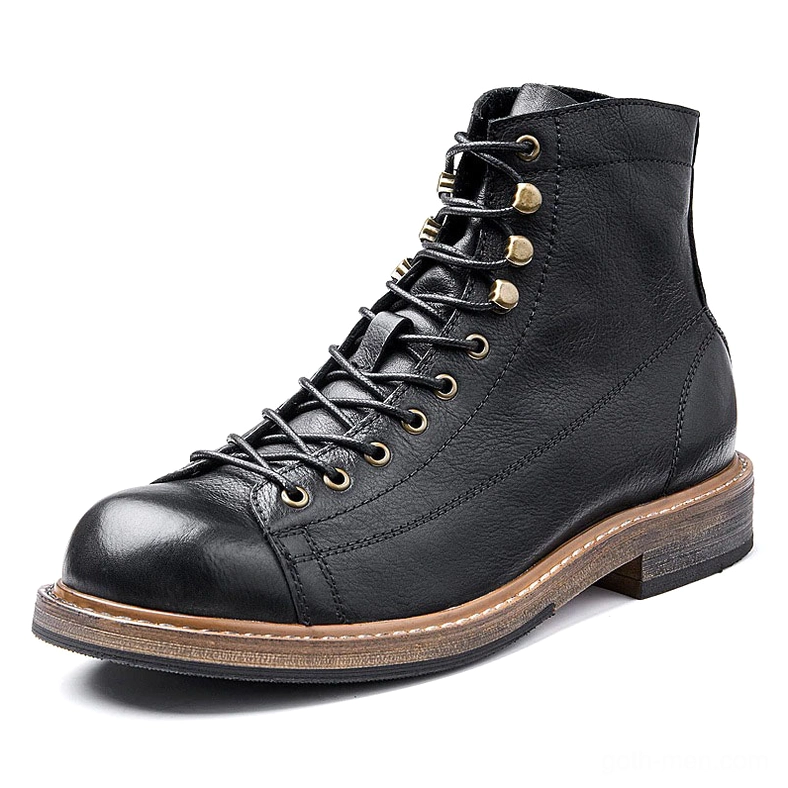 Black gothic lace-up ankle boots with round toe and brass lace fixtures, genuine leather construction, side three-quarter view