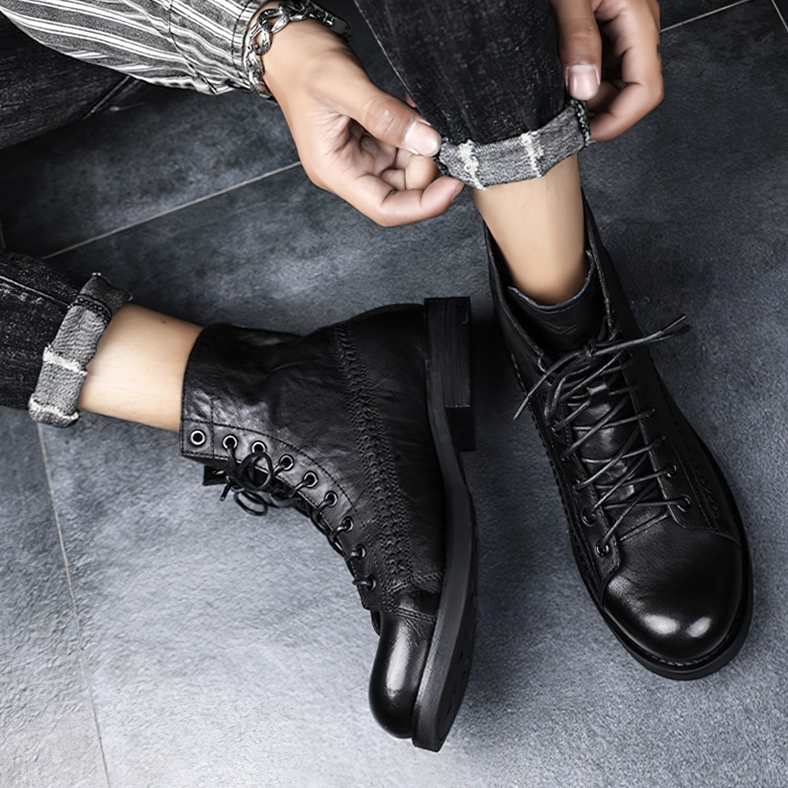 Black gothic ankle boots for men lace-up design street casual aesthetic