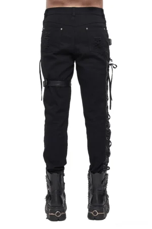 Gothic black pants rear view showing back pockets and full side lacing details