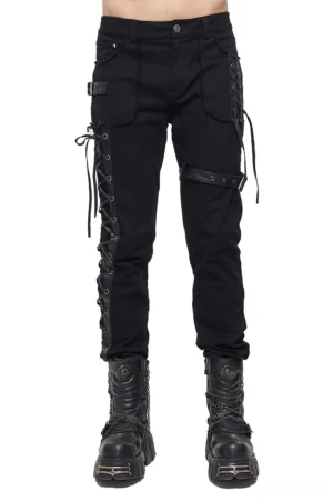 Black gothic lace-up cargo pants front full view with side lacing and thigh straps