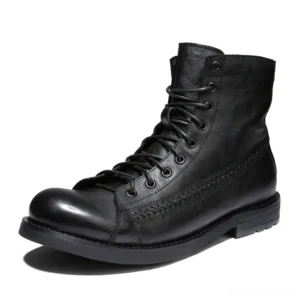 Black gothic lace-up combat boots for men with stitched detailing and round toe design