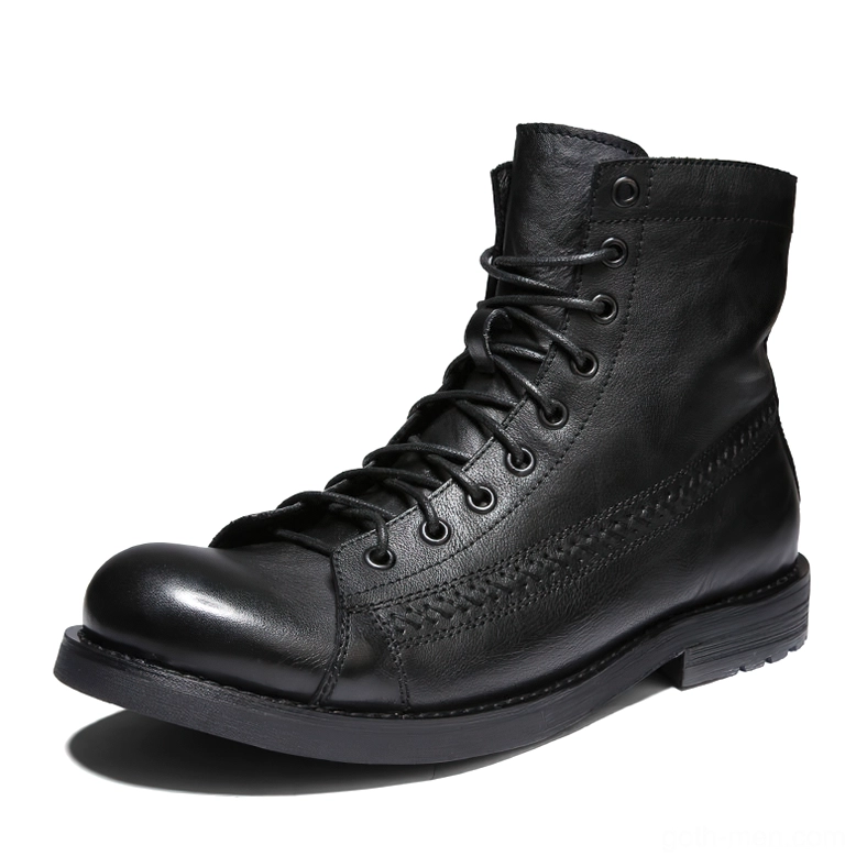 Black gothic lace-up combat boots for men with stitched detailing and round toe design