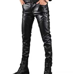 Men's black gothic lace-up faux leather pants front three-quarter view on male model with side lace-up details and glossy finish