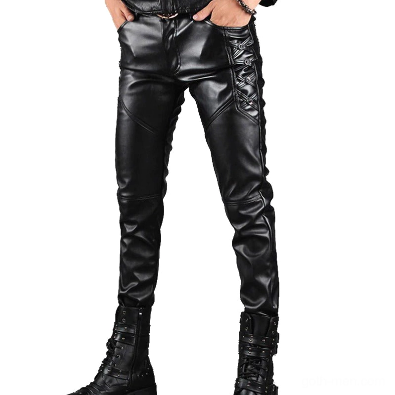 Men's black gothic lace-up faux leather pants front three-quarter view on male model with side lace-up details and glossy finish
