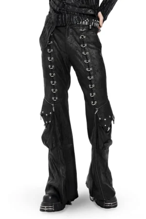 Black lace-up flared gothic pants with metal eyelets worn by male model from front low perspective showing eyelet lace details and distressed leather texture