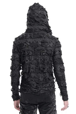 Black gothic lace-up hooded sweatshirt rear view on male model, asymmetrical hem and distressed texture visible from back