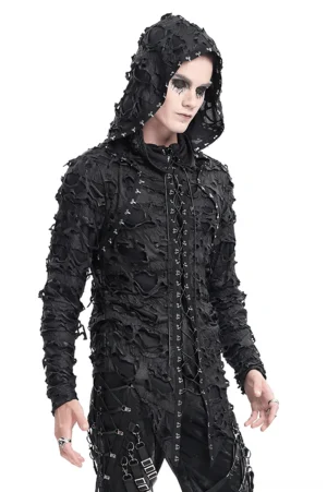 Black distressed gothic lace-up hooded sweatshirt worn by male model, three-quarter left view with front lace details and frayed fabric