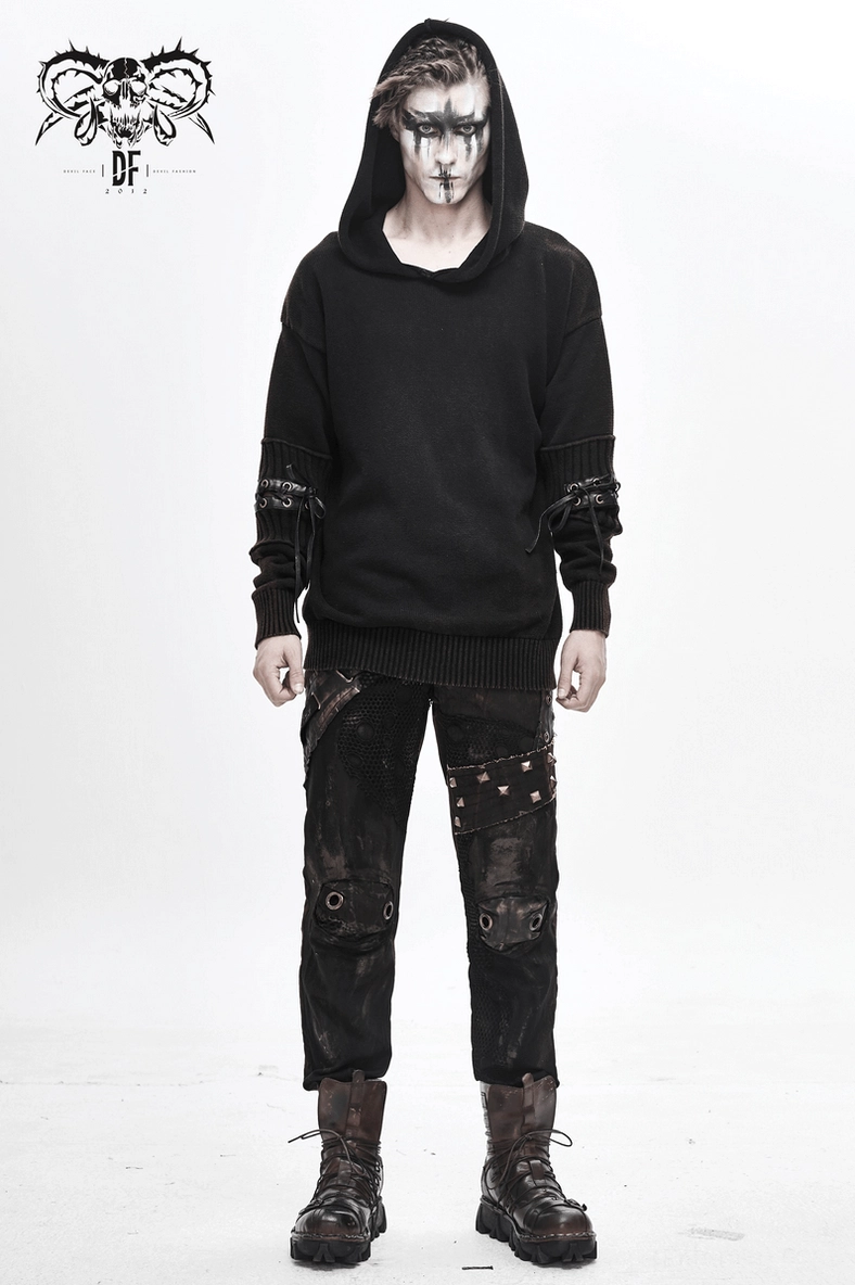 Full body front view of black steampunk hooded sweater worn by male model with gothic styling and punk aesthetic