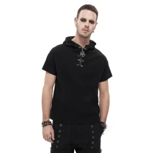 Men's black lace-up gothic hoodie front view with pentagram lace-up closure and mesh pocket worn by male model