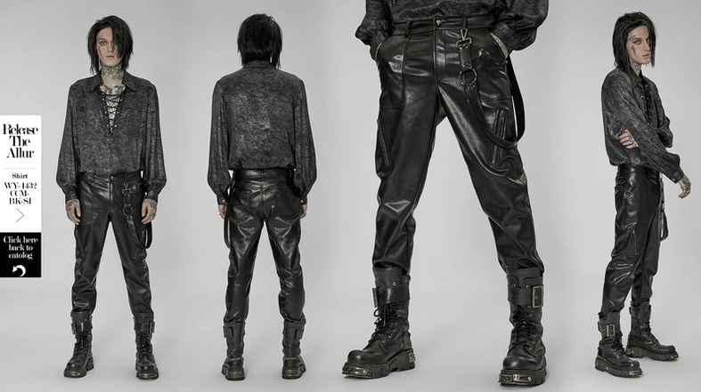 Black gothic lace-up leather pants alternative fashion styling with removable harness element