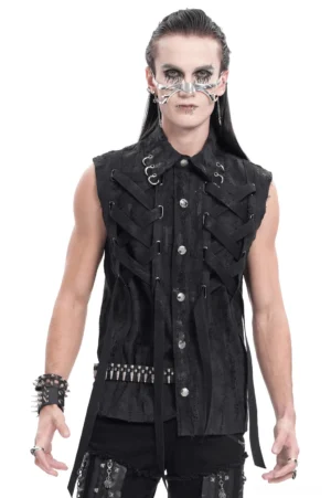 Black gothic lace-up sleeveless shirt front view on male model with metal D-rings and distressed fabric detail