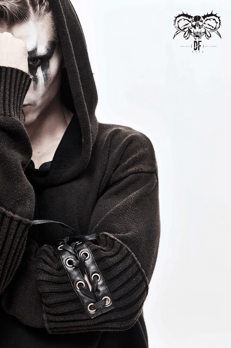Alternative styling shot of men's black steampunk hooded sweater with gothic accessories and coordinated outfit