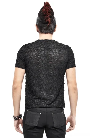 Rear view of gothic punk men's slim fit t-shirt with cracked black fabric texture and studded bracelet detail