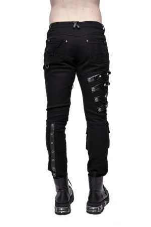 Gothic black laced pants rear view showing back pockets and decorative side strap details on male model