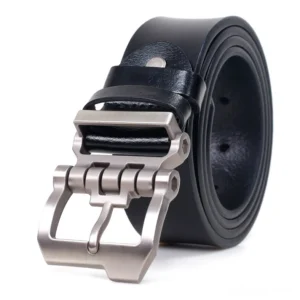Black gothic leather belt with matte silver alloy buckle - studio front three-quarter view