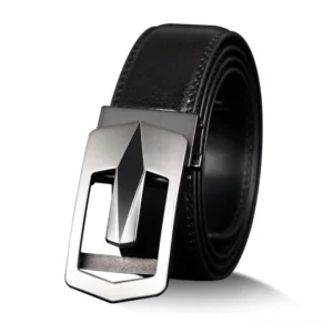 Black genuine leather gothic belt with silver geometric automatic buckle, front view studio shot