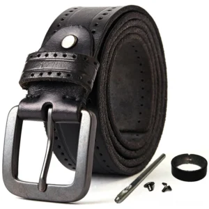 Black vintage rock style genuine leather belt, three-quarter front view with matte metal square buckle and installation hardware