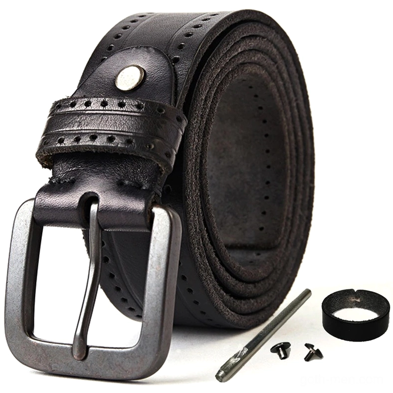 Black vintage rock style genuine leather belt, three-quarter front view with matte metal square buckle and installation hardware