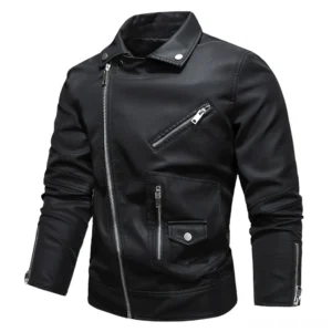 Black gothic PU leather motorcycle biker jacket with asymmetrical zipper and sleeve zippers front view