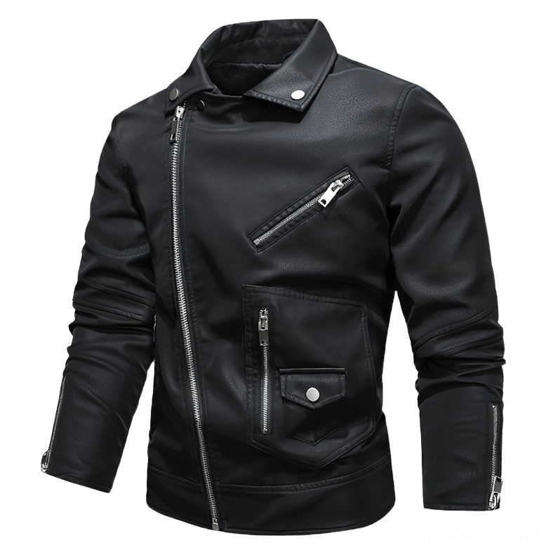 Black gothic PU leather motorcycle biker jacket with asymmetrical zipper and sleeve zippers front view