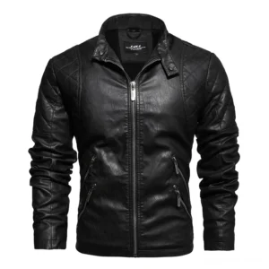 Black gothic stand collar PU leather motorcycle jacket front view, flat lay displaying metal zippers and quilted shoulders