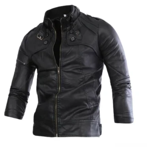Black PU leather gothic biker jacket front view with stand collar and metal zipper closure