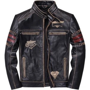 Black genuine leather gothic biker jacket front flat lay view with stand collar, embroidered patches, red sleeve stripes, and zippered pockets