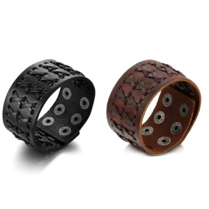 Compact black woven leather gothic bracelet top view showing intricate cross-woven pattern and metal snaps