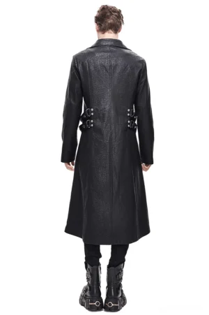 Black gothic leather coat rear full-body view on male model, showcasing waist buckle straps and extended length silhouette