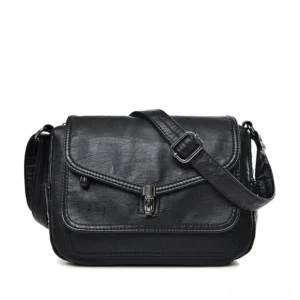 Black gothic vintage soft leather crossbody bag with push-lock flap closure, front view