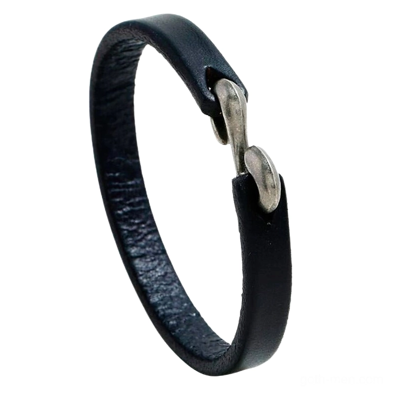 black genuine leather narrow cuff bracelet with antique silver hook clasp - gothic alternative jewelry