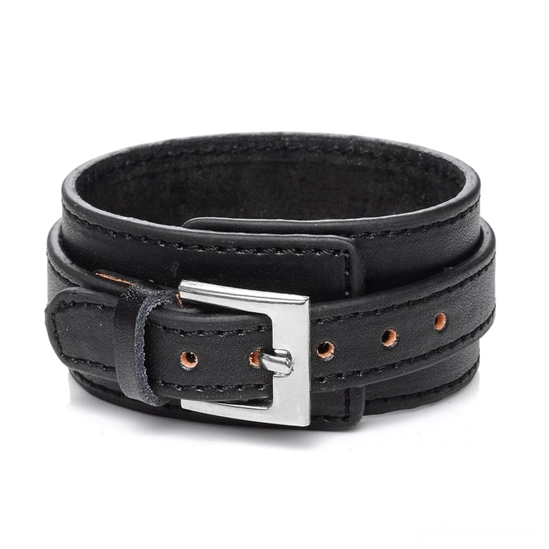 Black gothic leather cuff bracelet with silver stainless steel buckle, double-layer strap design, flat lay studio view