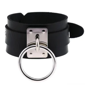 Classic black leather gothic cuff bracelet with silver metal rings, dual-strap design, flat lay overhead view