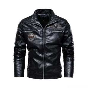 Black PU leather gothic biker jacket front view with dual chest zipper pockets and stand collar detail