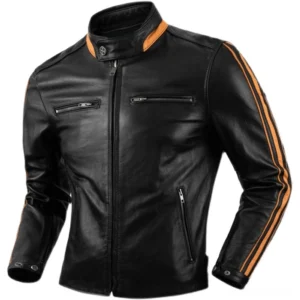 Black genuine leather gothic motorcycle jacket with stand collar and orange sleeve stripes front view