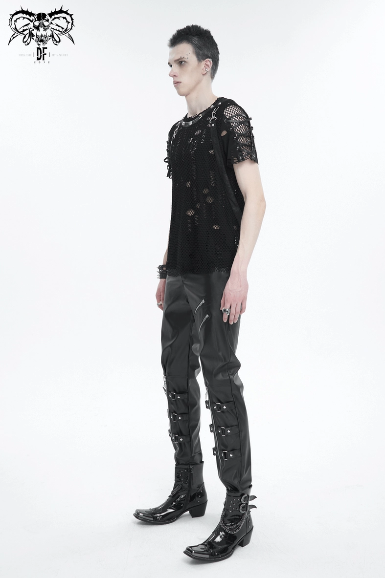 Black faux leather gothic trousers emphasizing the versatile styling potential with adjustable detachable straps