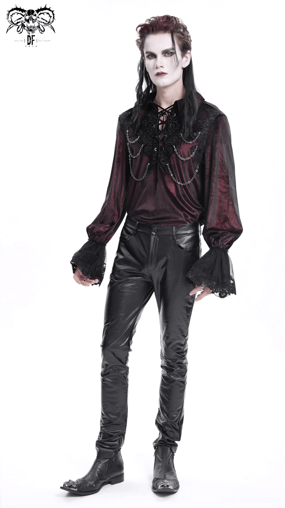 Black slim fit gothic leather pants leg opening and ankle detail showing tapered cut