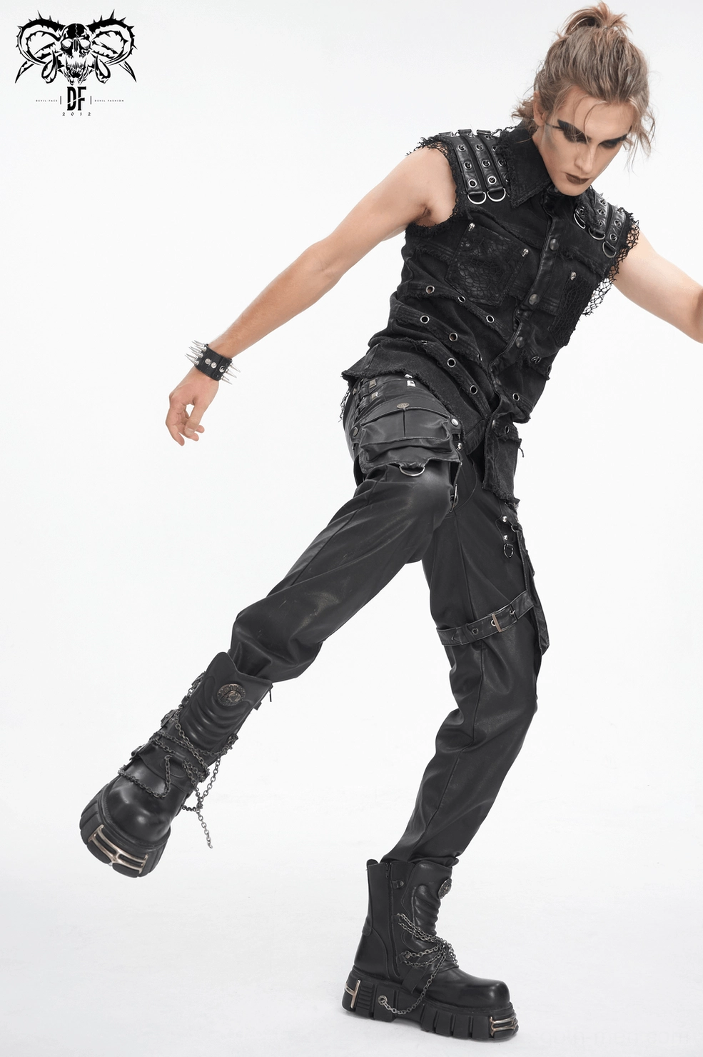 Black leather gothic pants back view showing strap hardware, rivet array, and functional pocket design for alternative wear