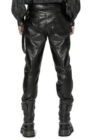 Black gothic leather pants back view showing rear patch pockets and harness strap design