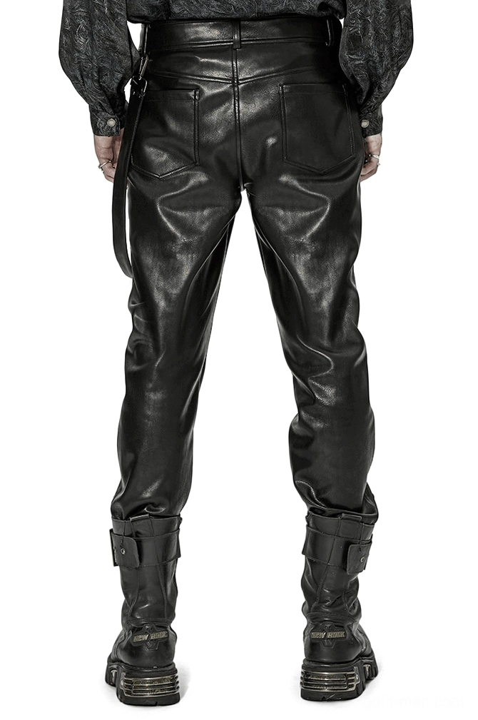 Black gothic leather pants back view showing rear patch pockets and harness strap design