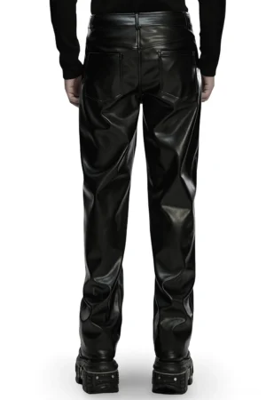 Black gothic leather pants rear view showing tailored fit and oversized patch pockets