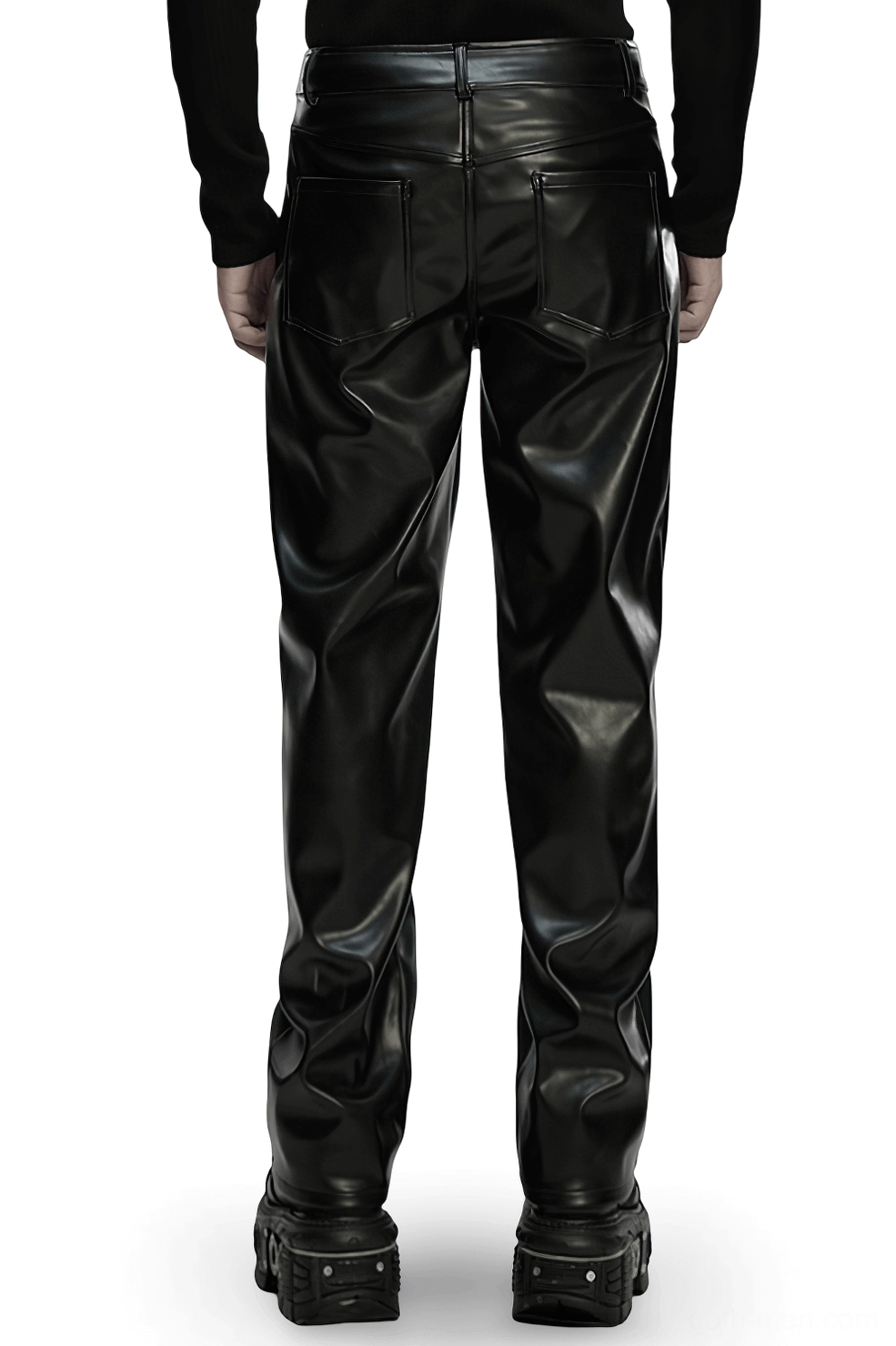 Black gothic leather pants rear view showing tailored fit and oversized patch pockets