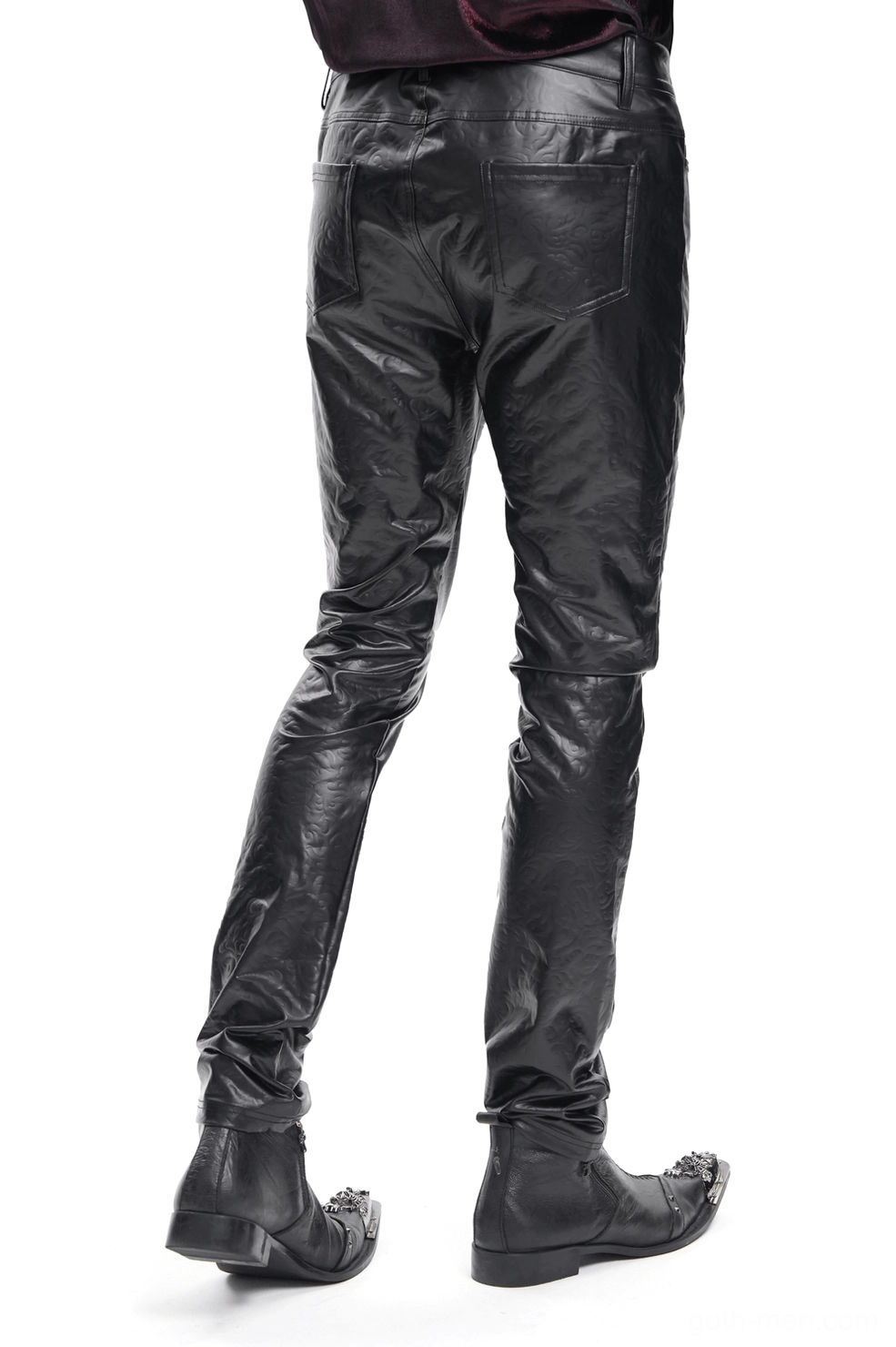 Back view of black slim fit synthetic leather trousers showing rear pocket design and sleek fit
