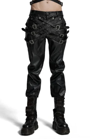 Black gothic leather pants with adjustable metal buckle straps front view on male model
