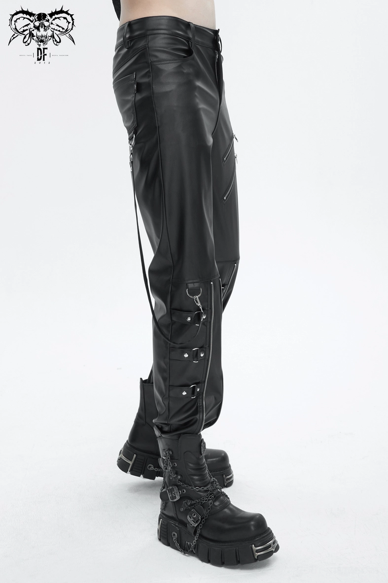 Black faux leather gothic fitted trousers showing complete front facing with all design features buckles and pockets visible