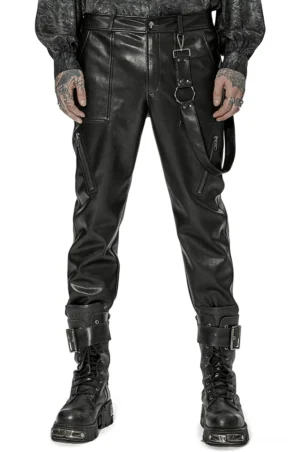 Black gothic lace-up leather pants front view on tattooed male model, fitted silhouette with removable harness strap