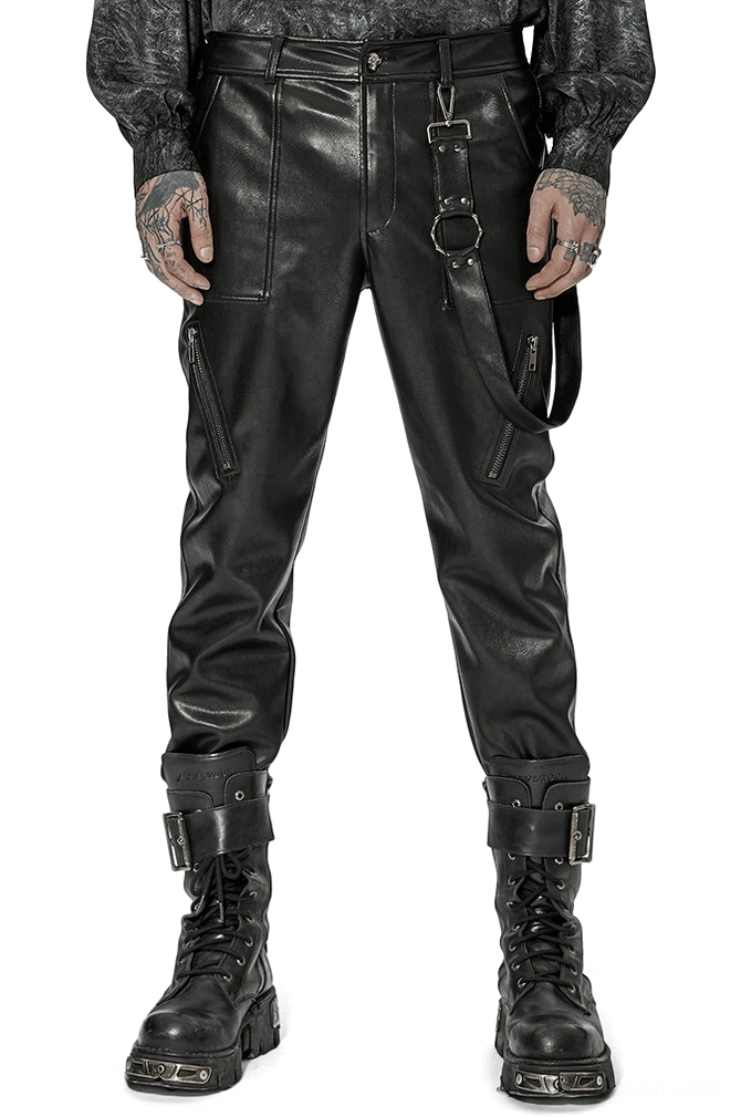 Black gothic lace-up leather pants front view on tattooed male model, fitted silhouette with removable harness strap