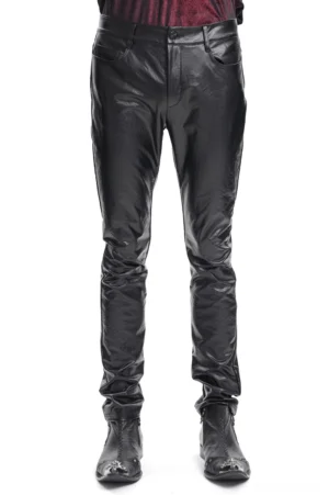 Black slim fit gothic leather pants for men front view on male model wearing dark goth outfit